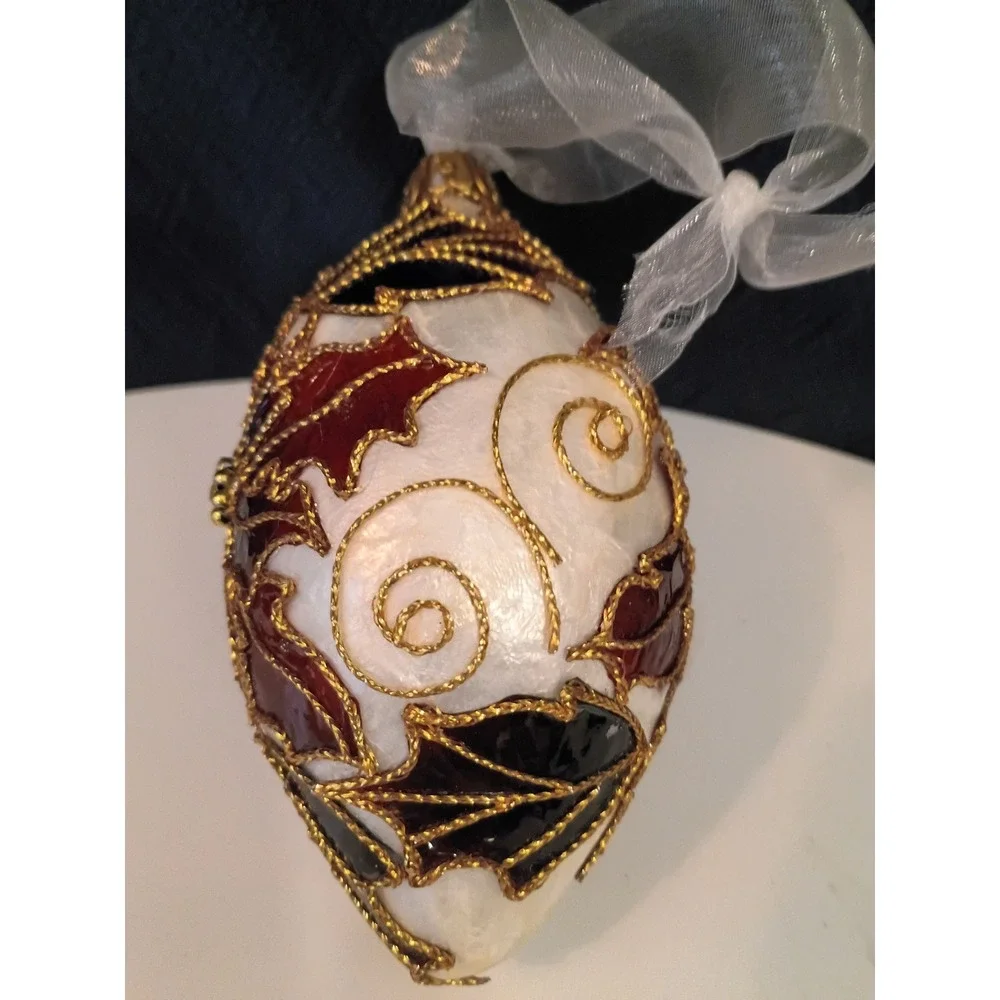 Vintage Cloisonne Style Glass Poinsettia Christmas Ornament Gold Wire Filigree